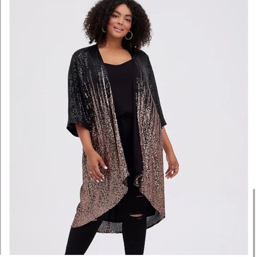 NWT TORRID HI-LO OMBRE KIMONO - SEQUIN BLACK & GOLD
